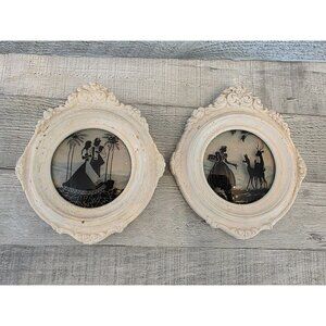 Vintage Oval Convex Reverse Painted Silhouette Wall Art Set Victorian